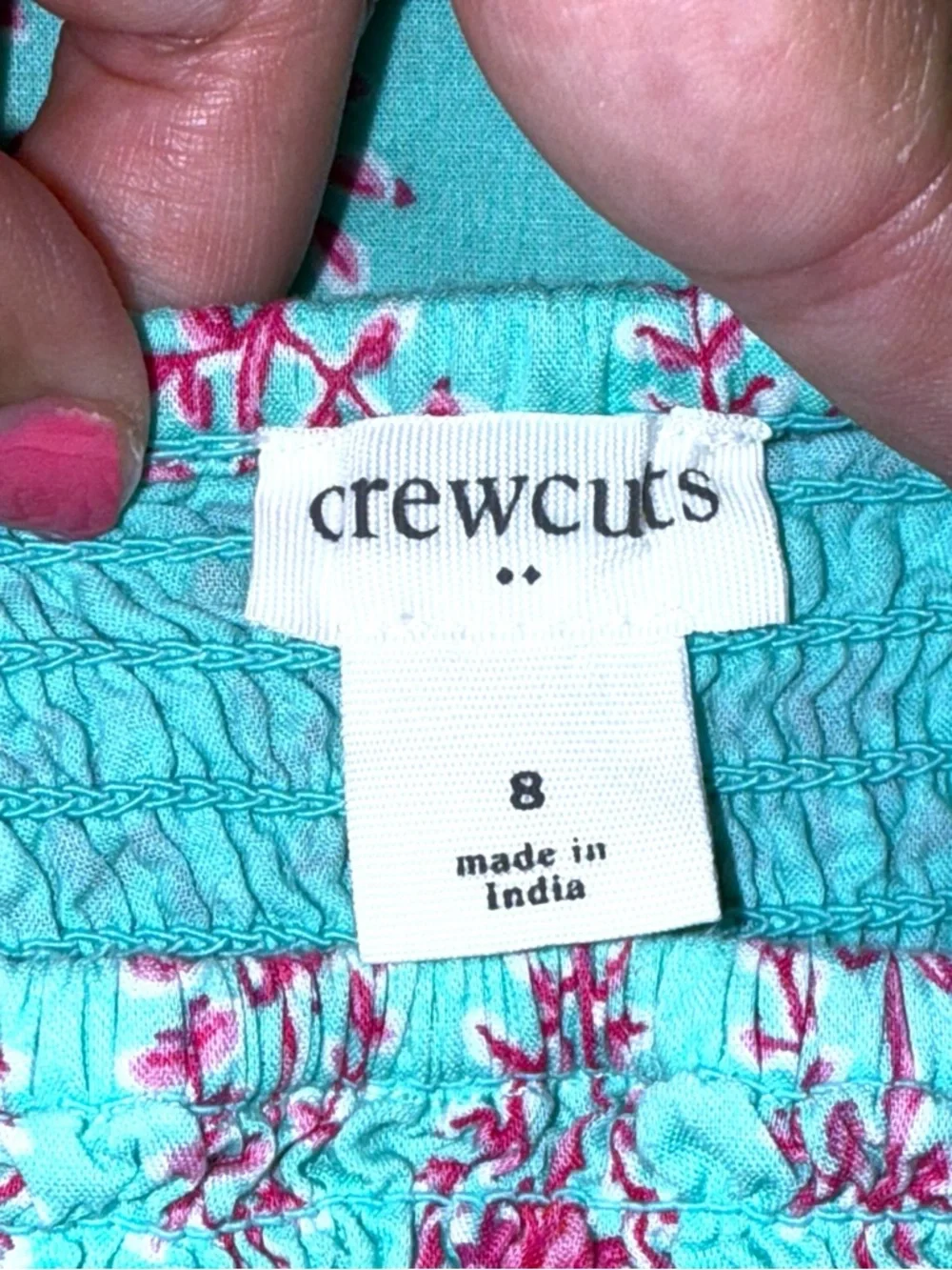 Crewcuts Girls Size 8 Aqua Pink Floral Smocked Dress Puff Sleeve Cotton